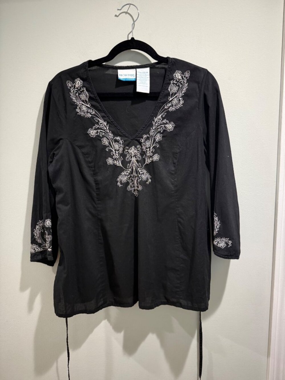 Announcements Maternity Black Embroidered V-Neck 100% Cotton Boho Tunic Blouse -